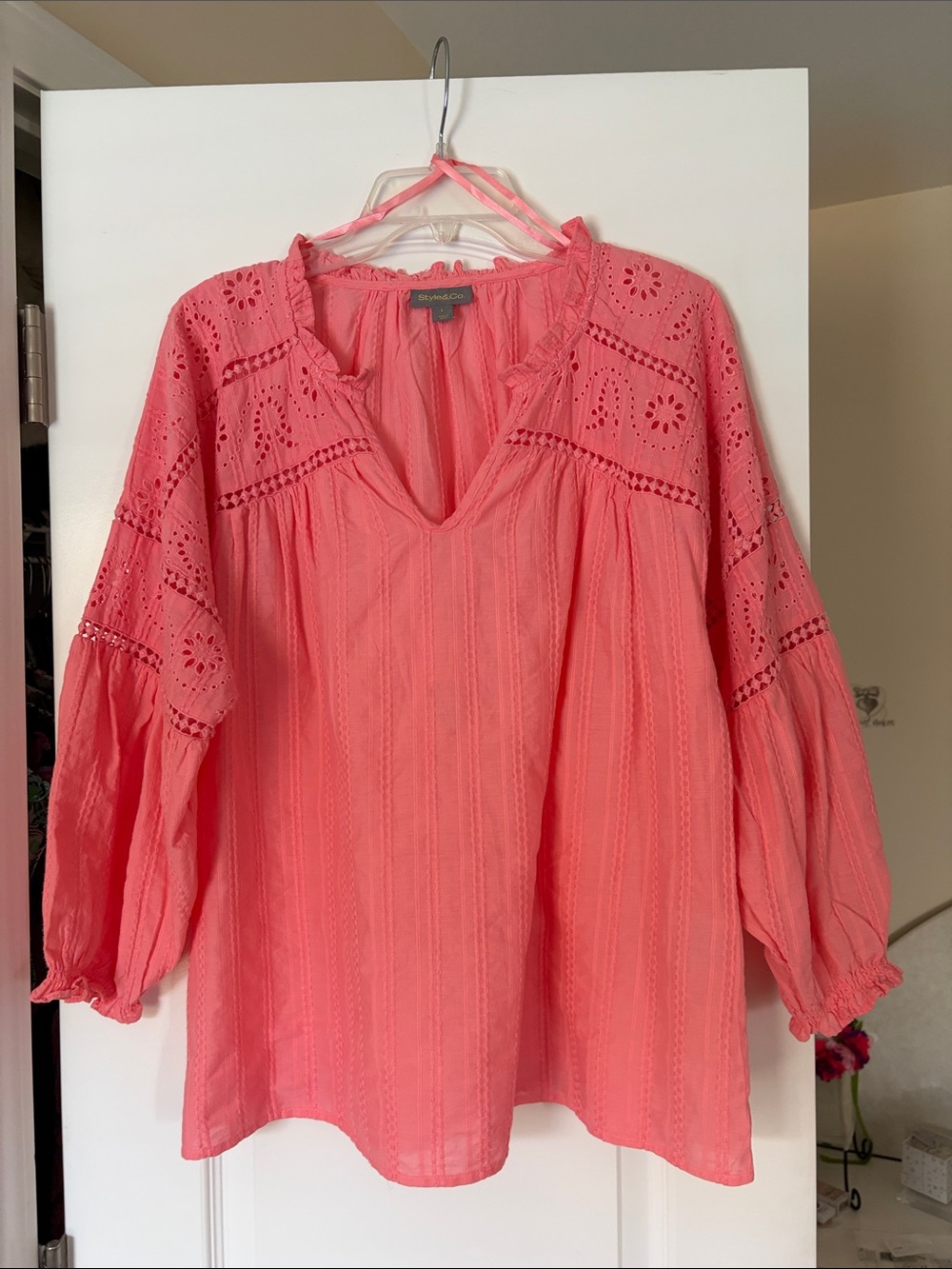 Style & Co. Coral Eyelet Peasant Blouse